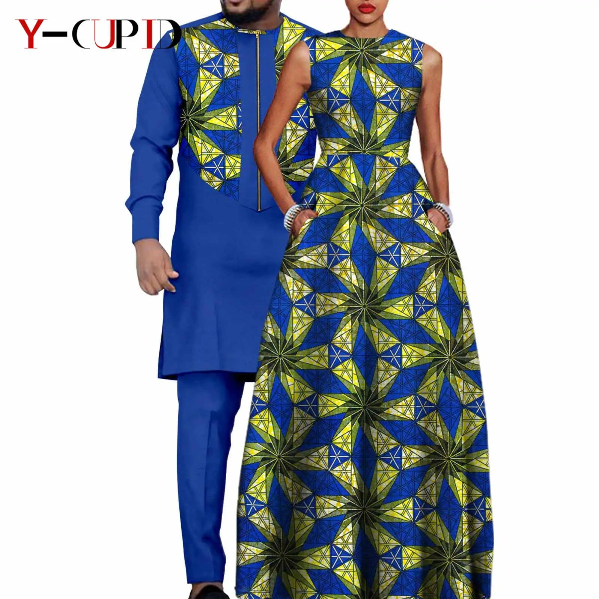 Dashiki Couple Outfit Set – Women’s African Dress with Men’s Bazin Riche Top and Pants for Special Occasions - Free Delivery Worldwide only at Flexi Africa
