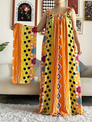 Dashiki Maxi Elegance: Sleeveless Cotton Summer Dress with Matching Scar - Free Delivery Worldwide only at Flexi Africa