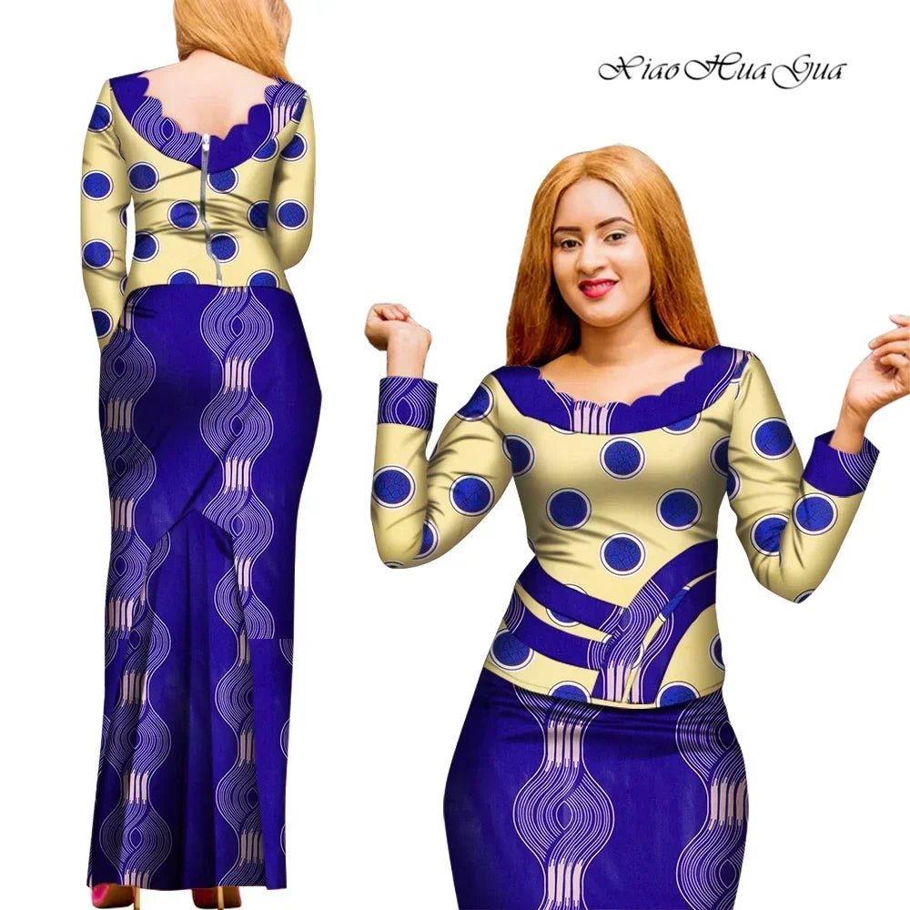 Elegant 2PC African Skirt and Top Set – Long Sleeve Blouse and Matching Maxi Skirt for Women - Free Delivery Worldwide only at Flexi Africa