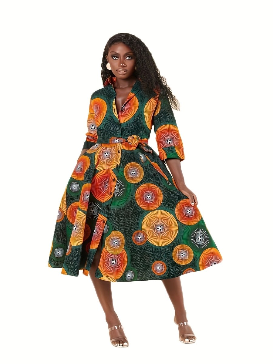 Elegant African - Inspired Geometric Print Midi Shirt Dress – V - Neck, Fitted Fall Style - Free Delivery Worldwide only at Flexi Africa