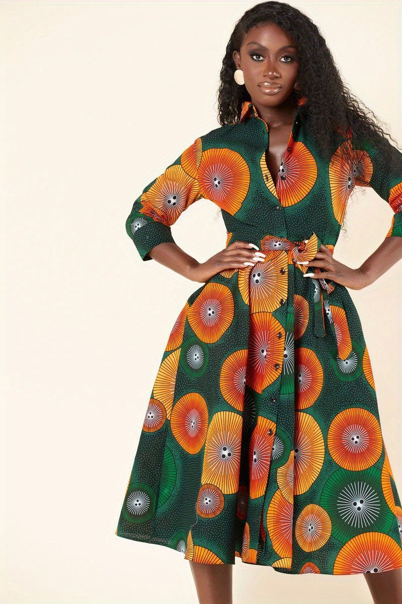 Elegant African - Inspired Geometric Print Midi Shirt Dress – V - Neck, Fitted Fall Style - Free Delivery Worldwide only at Flexi Africa