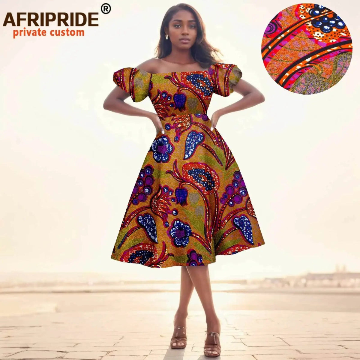 Elegant African Midi Dress – High - Waist Ankara Fashion Wear with Short Sleeves - Free Delivery Worldwide only at Flexi Africa