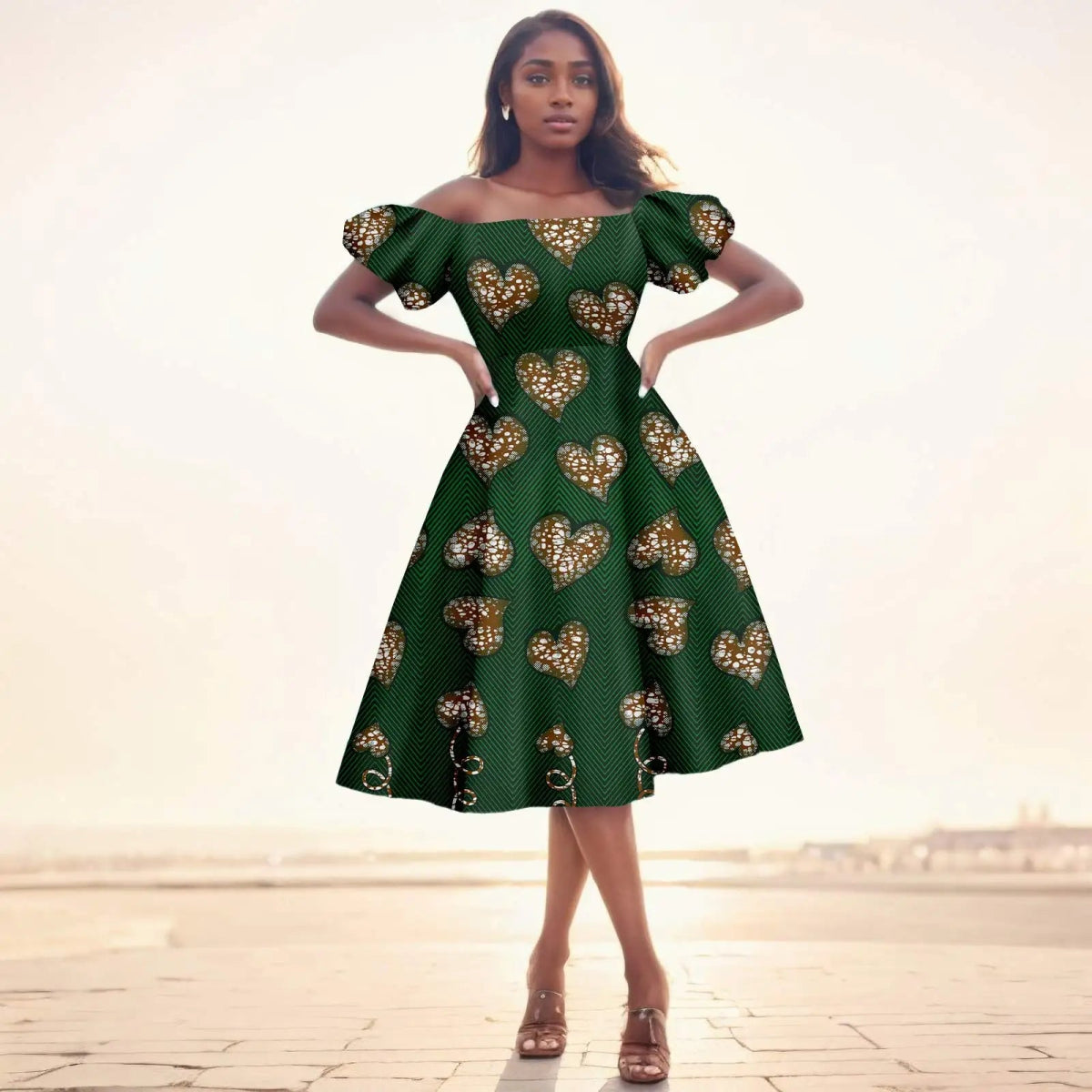 Elegant African Midi Dress – High - Waist Ankara Fashion Wear with Short Sleeves - Free Delivery Worldwide only at Flexi Africa