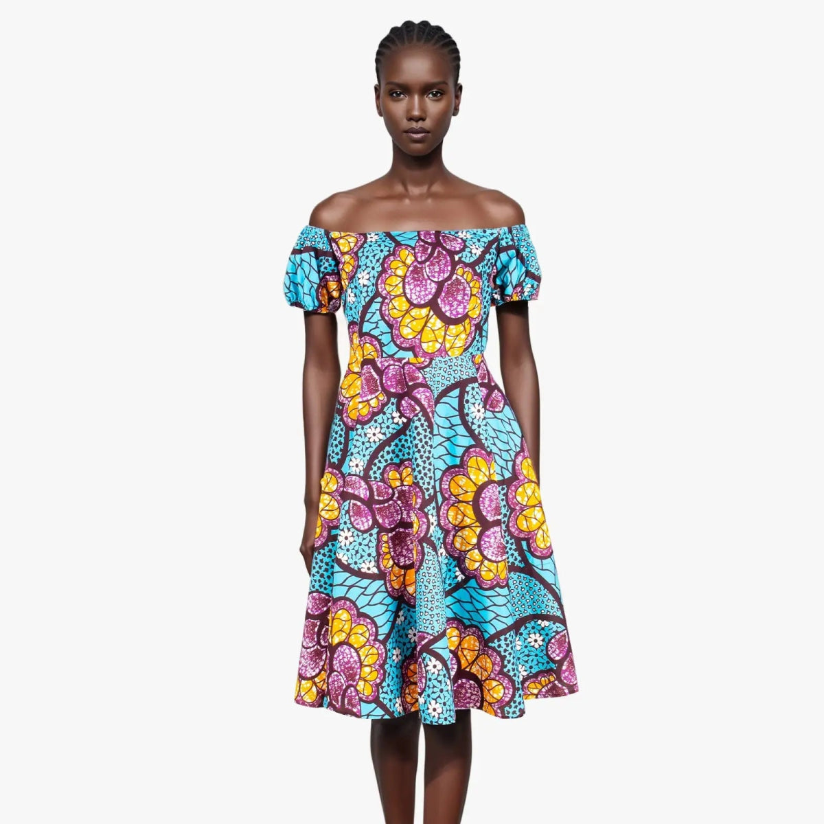Elegant African Midi Dress – High - Waist Ankara Fashion Wear with Short Sleeves - Free Delivery Worldwide only at Flexi Africa