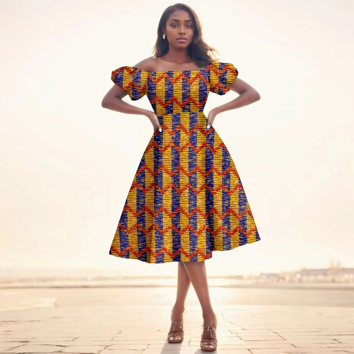 Elegant African Midi Dress – High - Waist Ankara Fashion Wear with Short Sleeves - Free Delivery Worldwide only at Flexi Africa