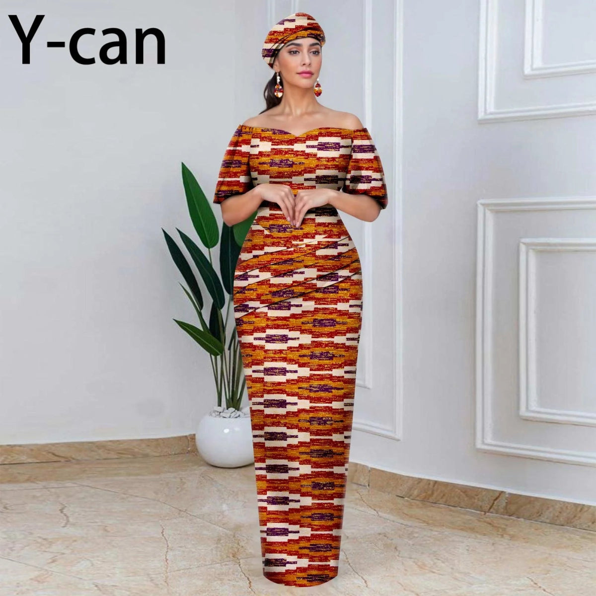 Elegant African Off - Shoulder Maxi Dress with Matching Headscarf & Earrings - Free Delivery Worldwide only at Flexi Africa