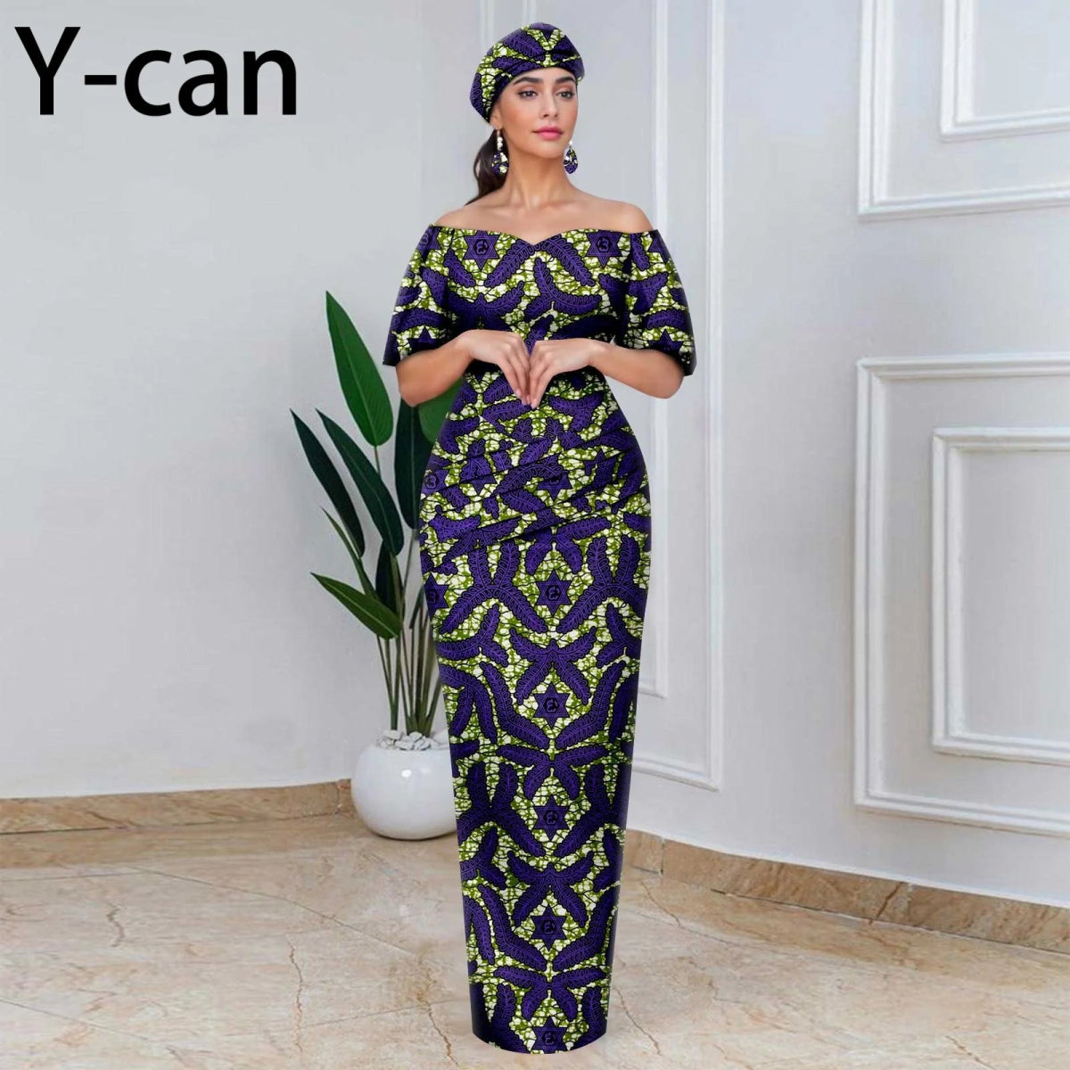 Elegant African Off - Shoulder Maxi Dress with Matching Headscarf & Earrings - Free Delivery Worldwide only at Flexi Africa