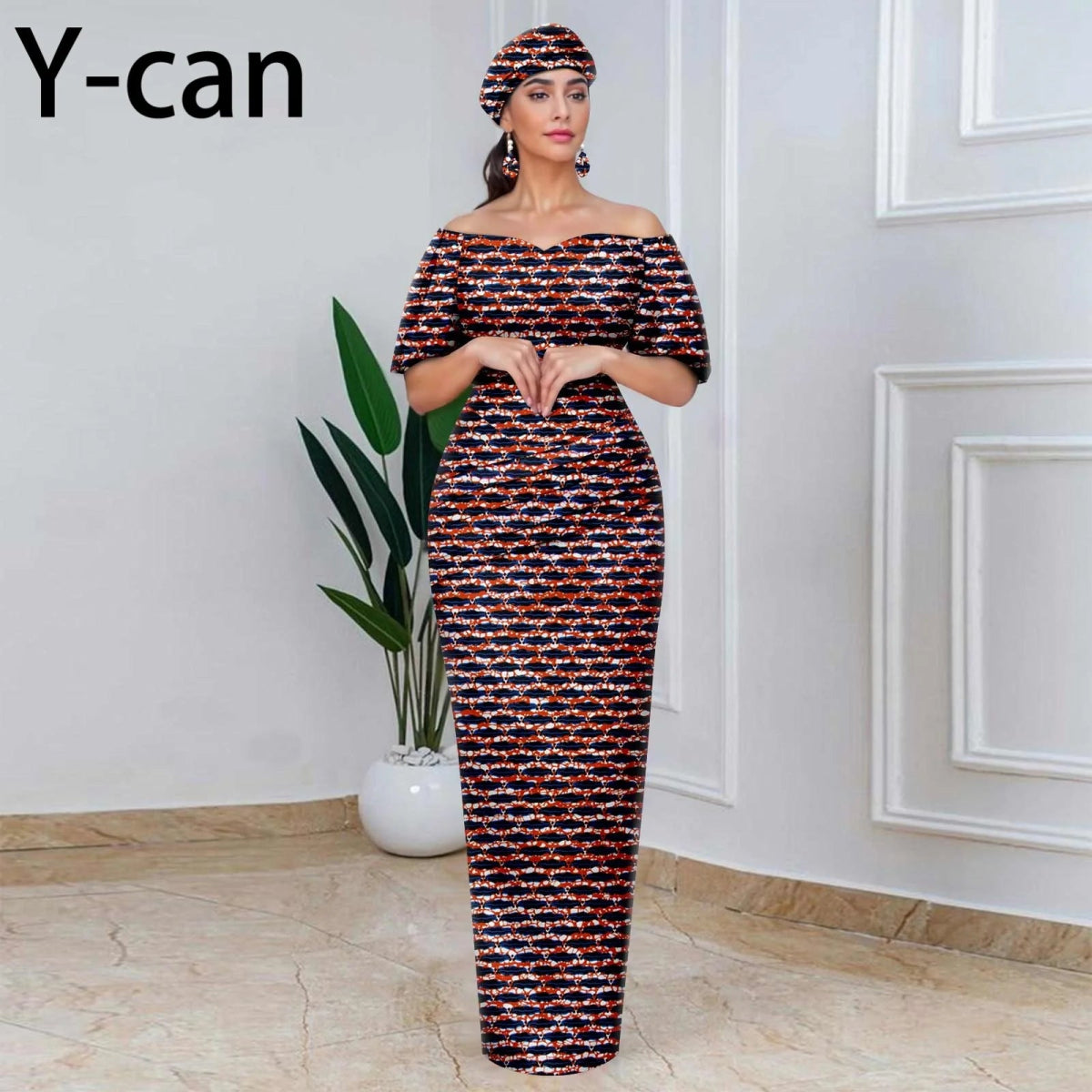 Elegant African Off - Shoulder Maxi Dress with Matching Headscarf & Earrings - Free Delivery Worldwide only at Flexi Africa
