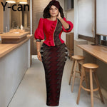 Elegant African Skirt Set – Lantern Sleeve Ruffled Top, Slim Skirt & Matching Headwrap - Free Delivery Worldwide only at Flexi Africa