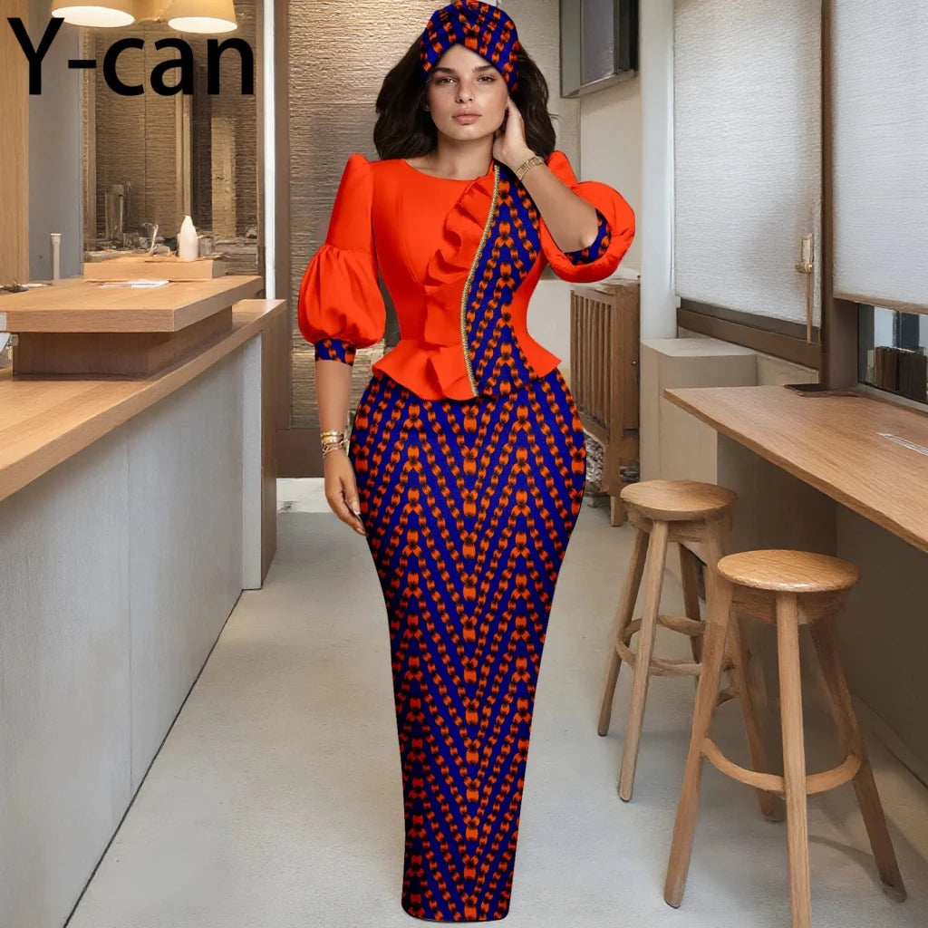 Elegant African Skirt Set – Lantern Sleeve Ruffled Top, Slim Skirt & Matching Headwrap - Free Delivery Worldwide only at Flexi Africa