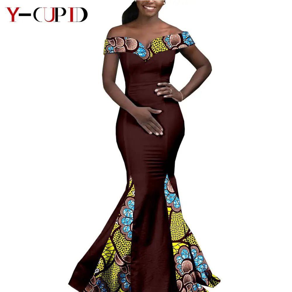 Elegant African Wedding Couple Outfits – Women's Slim Fit Mermaid Dress & Men's Bazin Riche Jacket Pant Set with Hat - Free Delivery Worldwide only at Flexi Africa