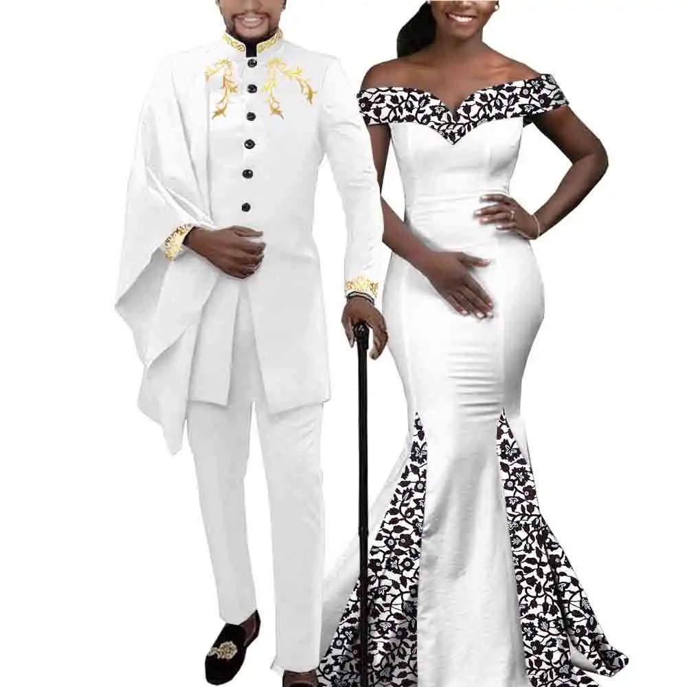 Elegant African Wedding Couple Outfits – Women's Slim Fit Mermaid Dress & Men's Bazin Riche Jacket Pant Set with Hat - Free Delivery Worldwide only at Flexi Africa