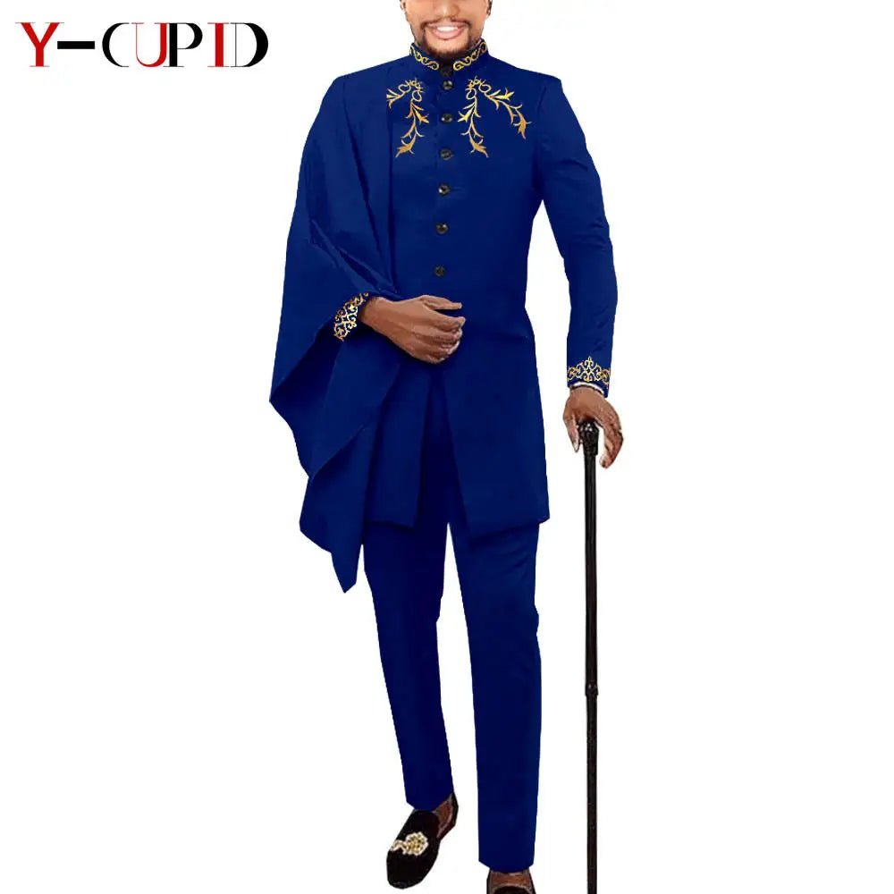 Elegant African Wedding Couple Outfits – Women's Slim Fit Mermaid Dress & Men's Bazin Riche Jacket Pant Set with Hat - Free Delivery Worldwide only at Flexi Africa