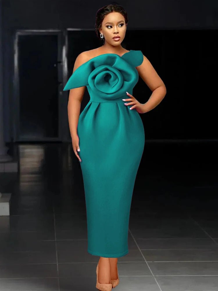 Elegant African Women’s Party Dress - Slim Bodycon One - Shoulder with Big Flower, Perfect for Events, Christmas, Birthdays, and Wedding Guests - Free Delivery Worldwide only at Flexi Africa