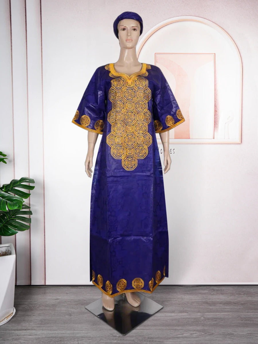 Elegant Embroidered African Bazin Dress for Women - Free Delivery Worldwide only at Flexi Africa