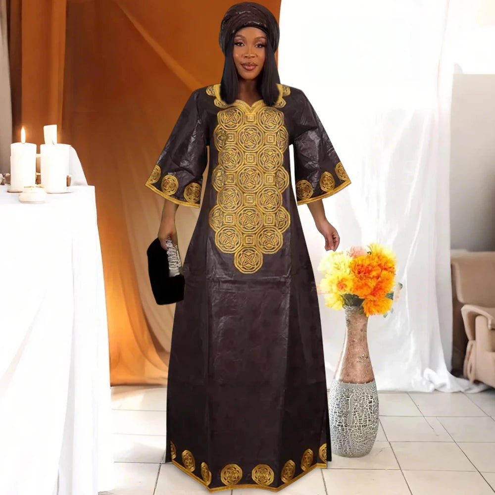 Elegant Embroidered African Bazin Dress for Women - Free Delivery Worldwide only at Flexi Africa