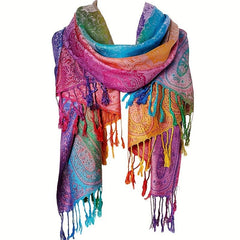 Elegant Jacquard Satin Paisley Scarf: Boho Rainbow Gradient Tassel Shawl - Trendy Windproof Warm Wrap - Free Delivery Worldwide only at Flexi Africa