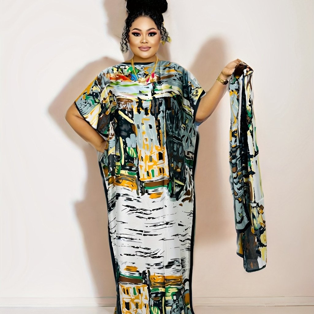 Elegant Plus Size Abstract Kaftan Maxi Dress – Flowy Batwing Sleeves & Timeless Chic - Free Delivery Worldwide only at Flexi Africa