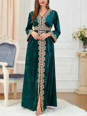 Elegant Velvet Embroidered Abaya Kaftan for Women – Maxi Dress with Belt - Free Delivery Worldwide only at Flexi Africa