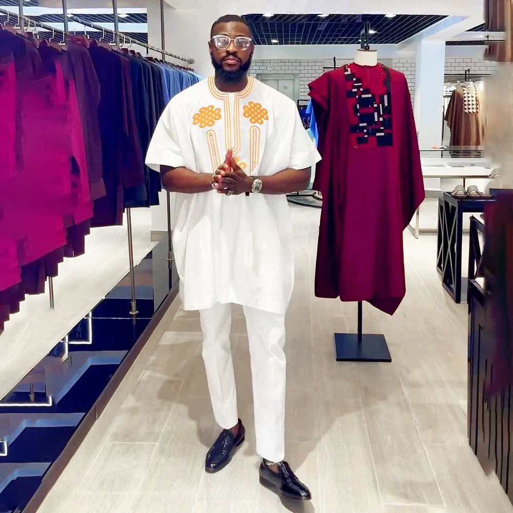 Elegant White African Outfit for Men – Embroidered Top and Trousers Set for Ramadan & Formal Events - Free Delivery Worldwide only at Flexi Africa