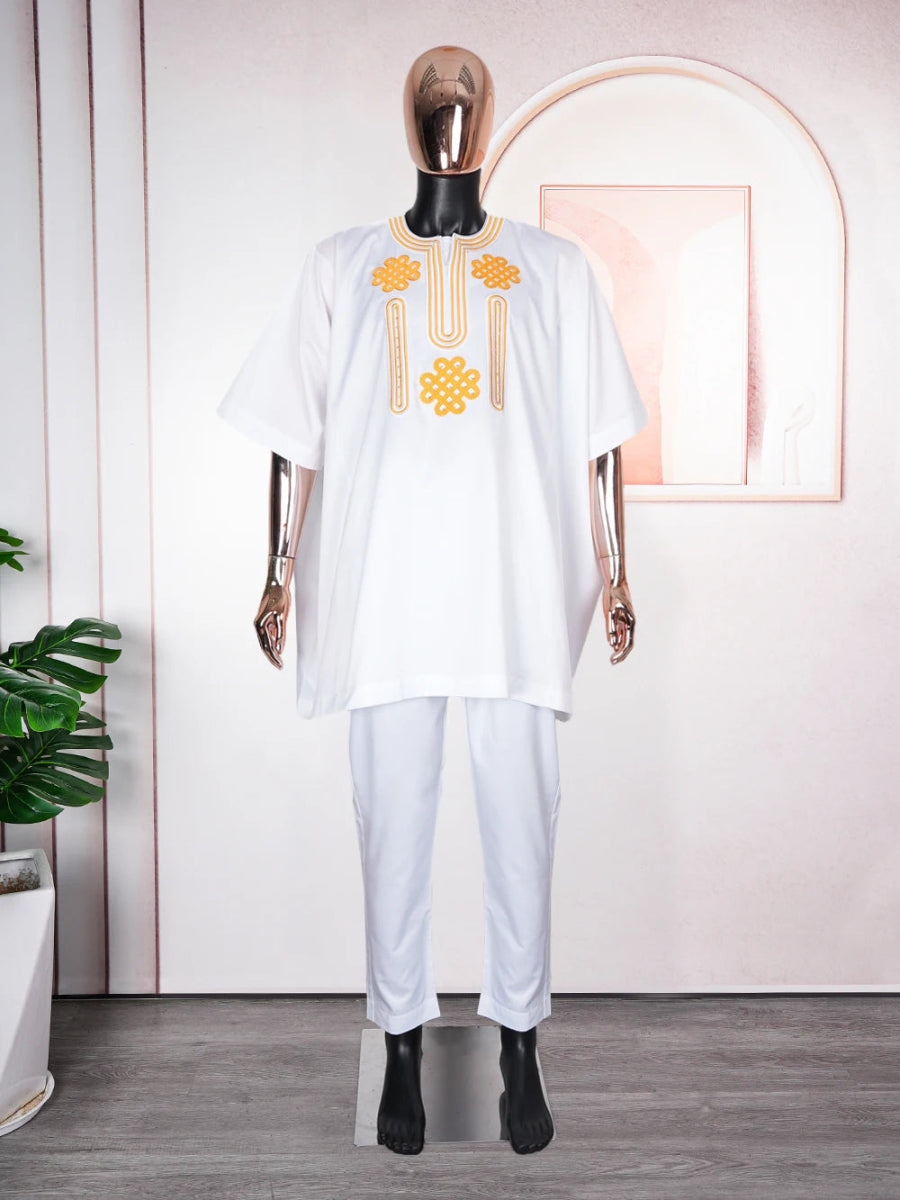 Elegant White African Outfit for Men – Embroidered Top and Trousers Set for Ramadan & Formal Events - Free Delivery Worldwide only at Flexi Africa