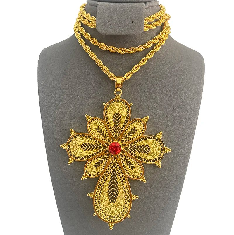 Ethiopian Cross Pendant Necklace with 80cm Twisted Chain – Gold Color African Wedding Party Jewelry Gift - Free Delivery Worldwide only at Flexi Africa