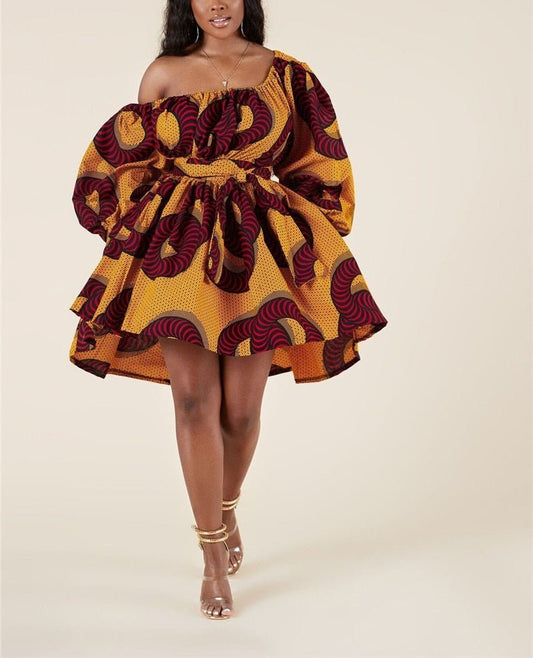 Exotic Allure: African Tribal Print Off-Shoulder Mini Dress - Unleash Your Inner Goddess - Flexi Africa - Free Delivery