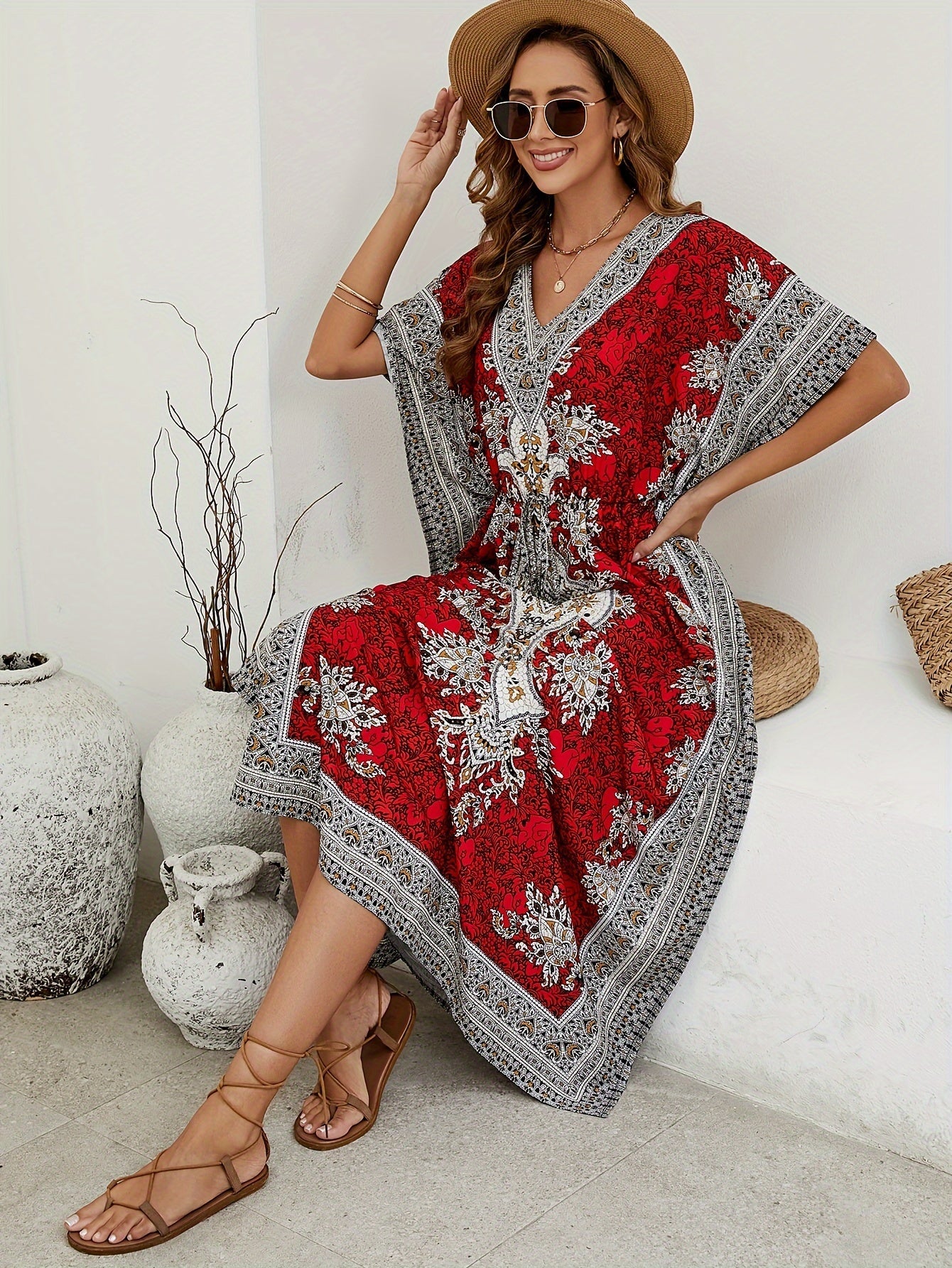 Floral Print V Neck Side Split Cover Up Dress, Batwing Sleeve Boho Maxi Beach Kaftan - Free Delivery Worldwide only at Flexi Africa