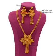 Gold Color Flower Tassel Necklace & Earrings Set: Elegant Ethiopian Bridal Jewelry for Women - Free Delivery Worldwide only at Flexi Africa