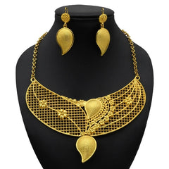 Gold-Plated Jewelry Set: Exquisite 24K Gold-Colored Necklace and Earrings for African Bridal Wear at Nigerian Wedding