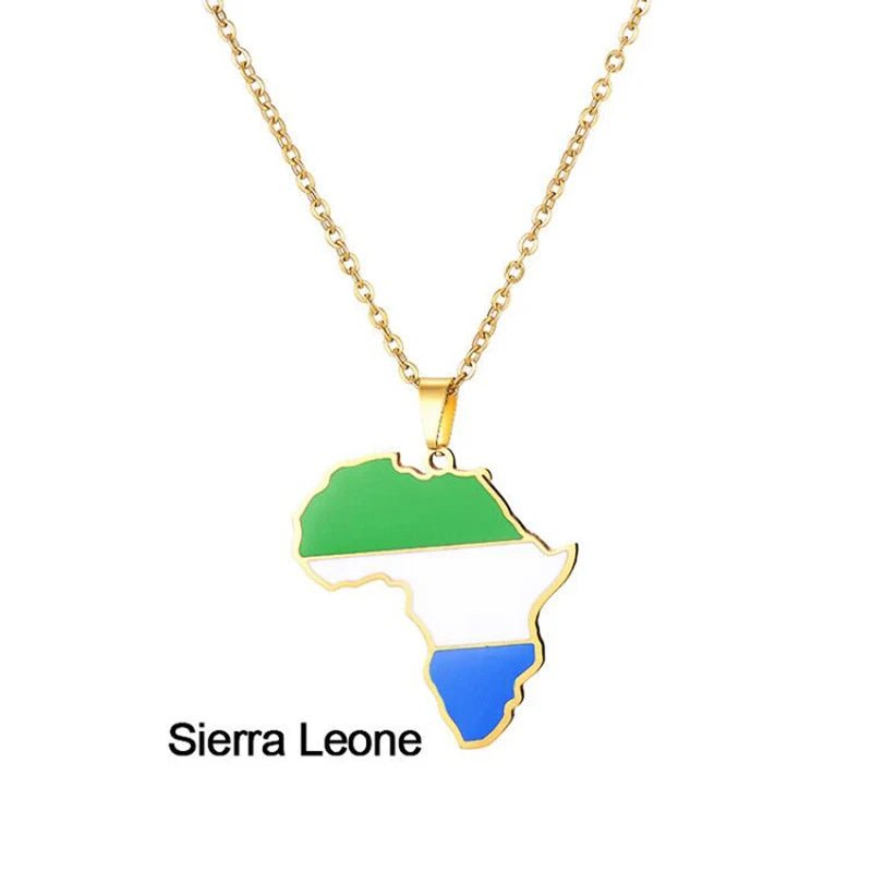 Gold Stainless Steel Africa Map Flag Pendant Necklace African Countries - Flexi Africa - Free Delivery www.flexiafrica.com