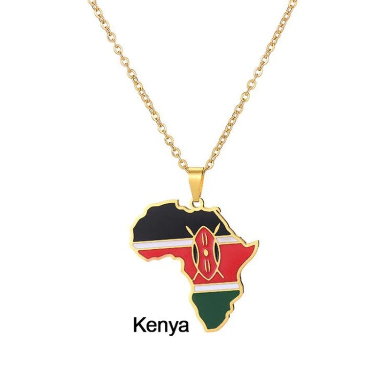 Gold Stainless Steel Africa Map Flag Pendant Necklace African Countries - Flexi Africa - Free Delivery www.flexiafrica.com