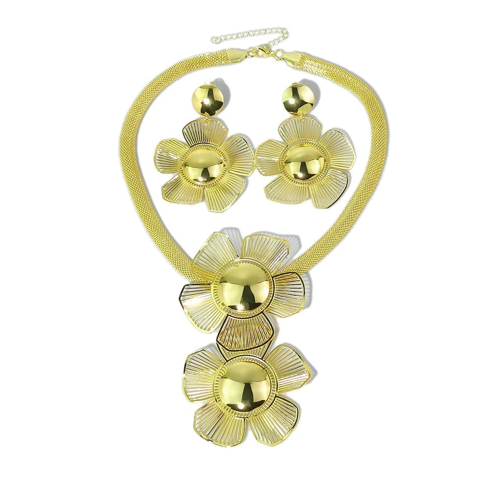 Golden Big Flower Jewelry Set: Pendant Necklace and Drop Earrings - Flexi Africa Free Delivery Worldwide www.flexiafrica.com