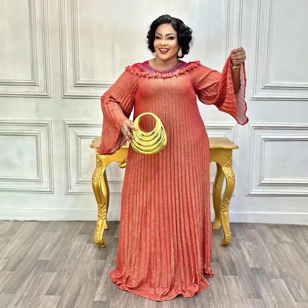 Luxury African Boubou Dress for Women – Classical Elegance Rhodochrosite Design with Folded Pleats - Free Delivery Worldwide only at Flexi Africa