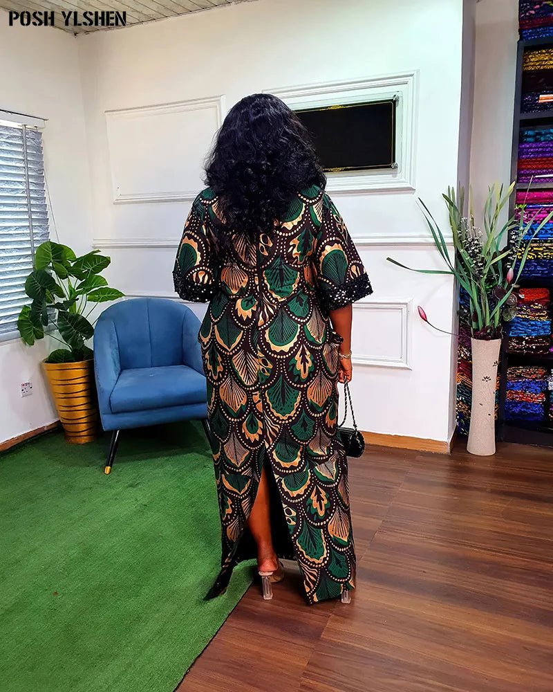 Buy Luxury African Long Gown – Sequin Embellished Caftan Dress with Floral Print and Slit for only $61.49 at Flexi Africa!