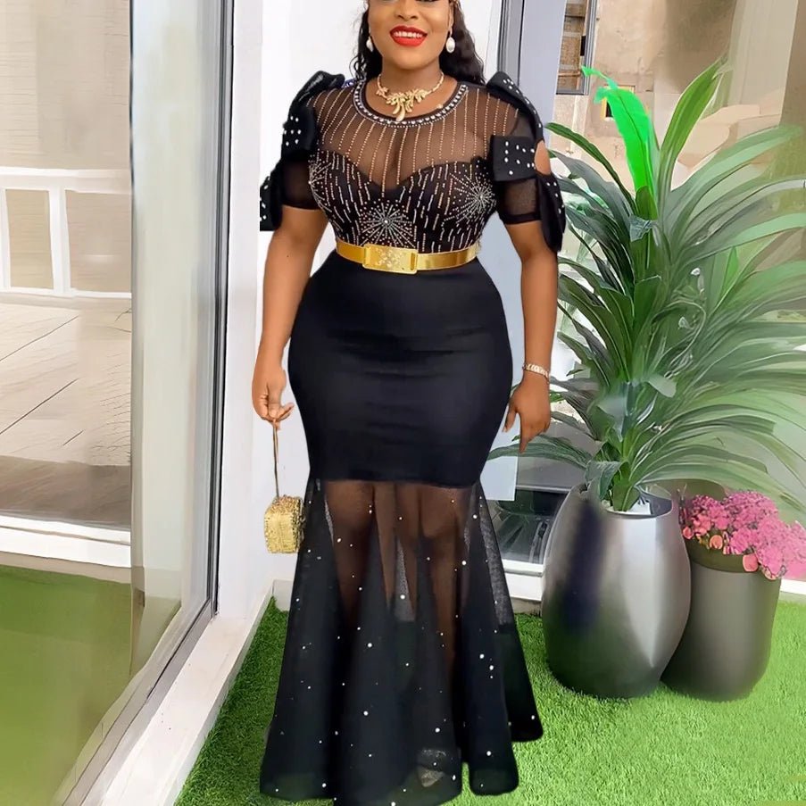 Luxury African Party Dress for Women: Elegant Diamond Cold Shoulder, Transparent Belt, Waisted Mermaid Floor - Length Dinner Night Gown - Free Delivery Worldwide only at Flexi Africa