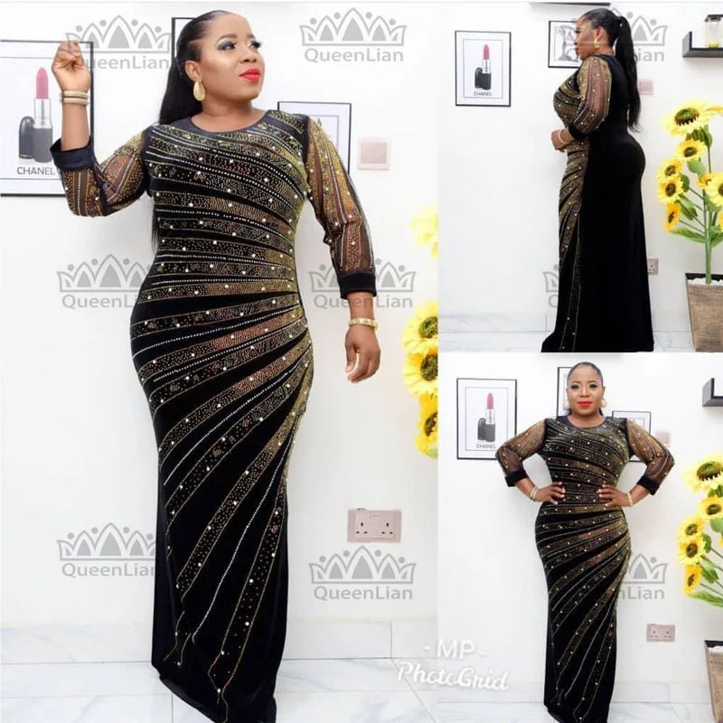Luxury African Velvet Dress for Women – Pearl Diamond Embellished Long Tight Fashion Dress - Free Delivery Worldwide only at Flexi Africa