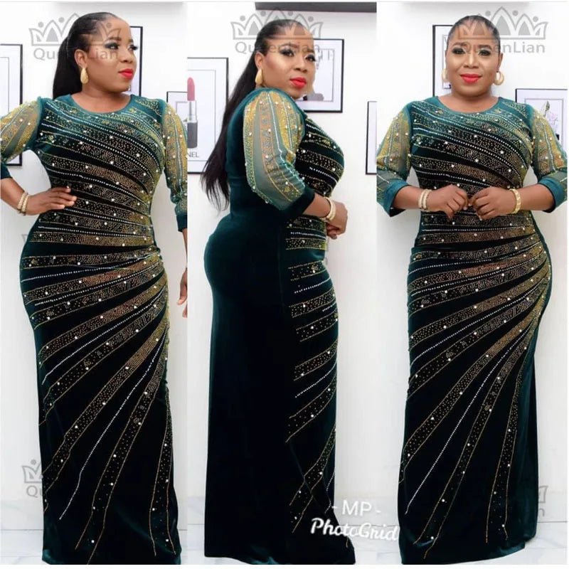 Luxury African Velvet Dress for Women – Pearl Diamond Embellished Long Tight Fashion Dress - Free Delivery Worldwide only at Flexi Africa