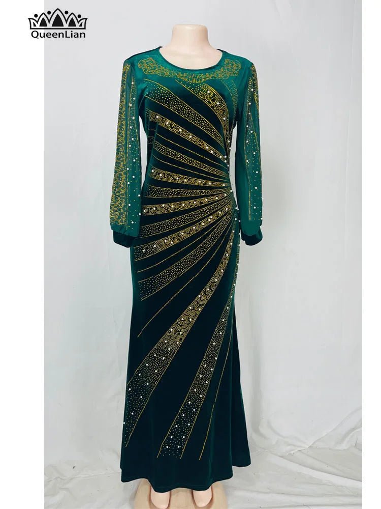 Luxury African Velvet Dress for Women – Pearl Diamond Embellished Long Tight Fashion Dress - Free Delivery Worldwide only at Flexi Africa