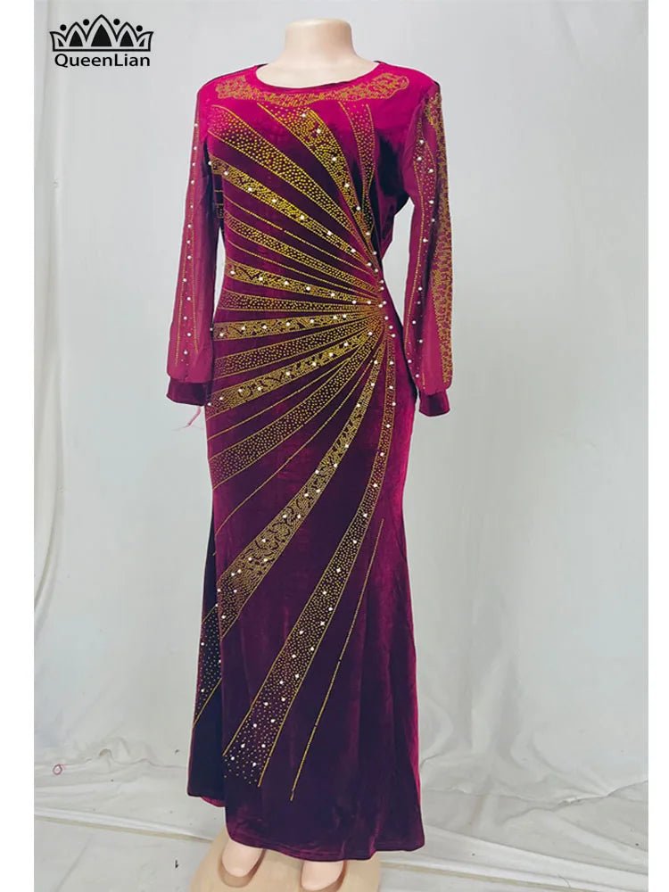 Luxury African Velvet Dress for Women – Pearl Diamond Embellished Long Tight Fashion Dress - Free Delivery Worldwide only at Flexi Africa