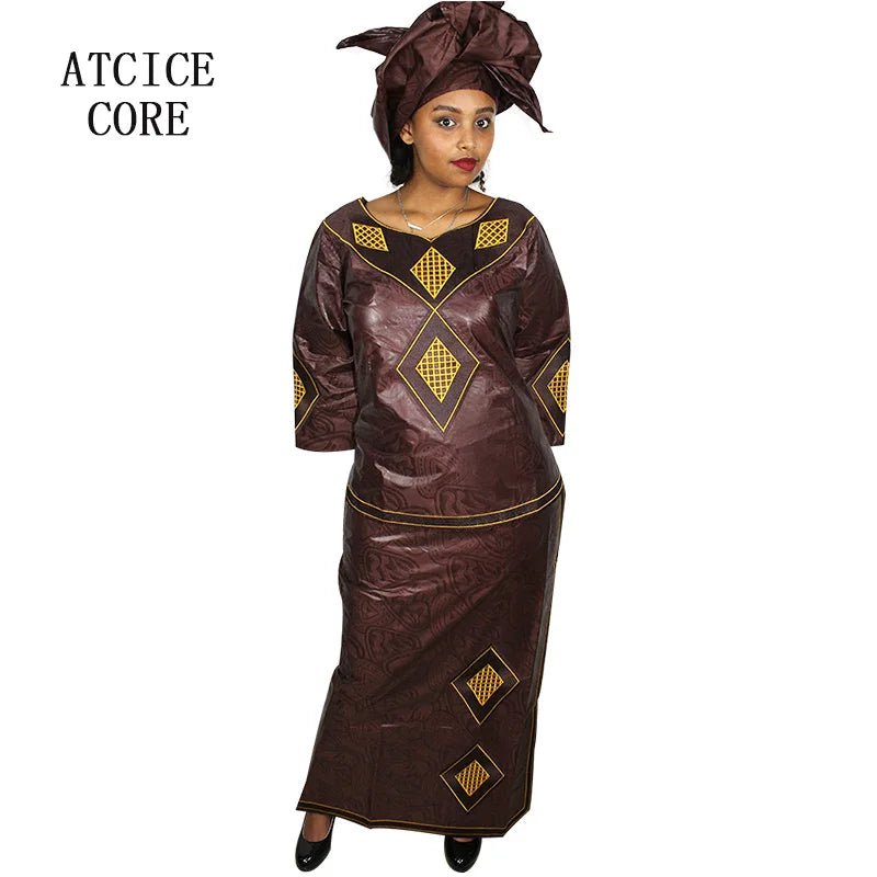 Luxury Bazin Riche African Dress for Women – Embroidered Maxi Gown with Headtie - Free Delivery Worldwide only at Flexi Africa