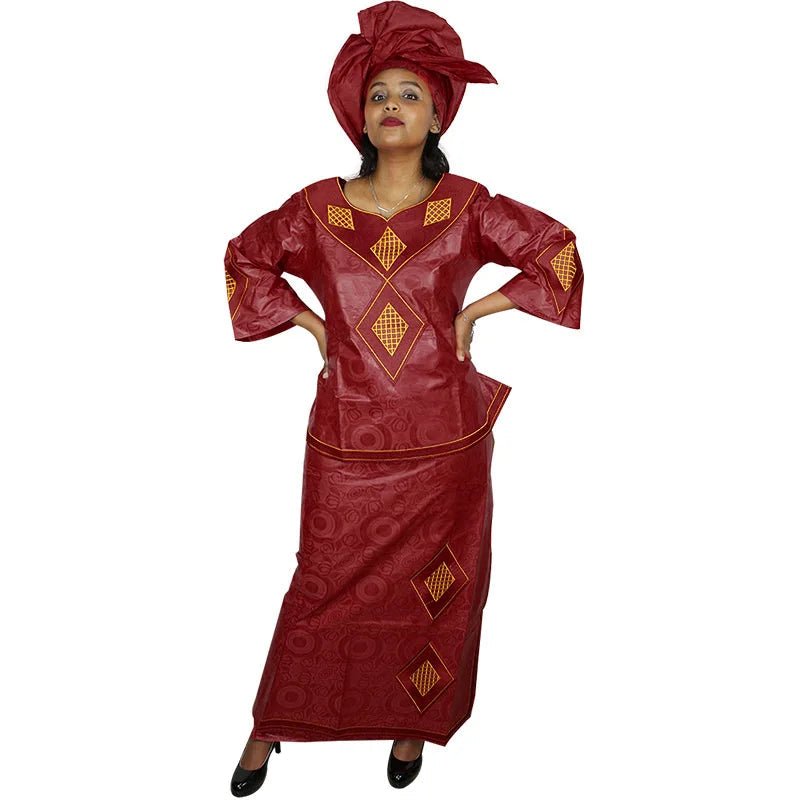 Luxury Bazin Riche African Dress for Women – Embroidered Maxi Gown with Headtie - Free Delivery Worldwide only at Flexi Africa