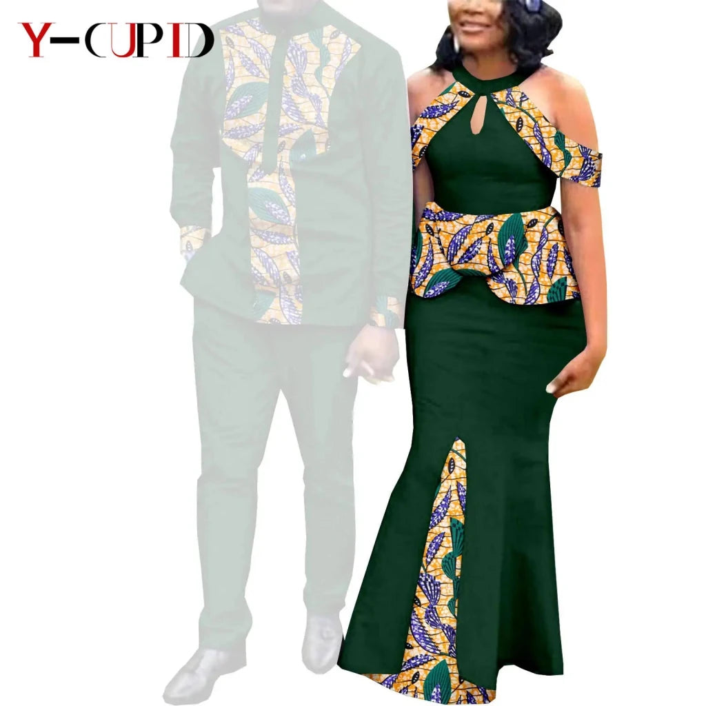Buy Matching Bazin African Couple Attire – Women’s Mermaid Dress & Men’s Shirt Pant Set for only $67.83 at Flexi Africa!