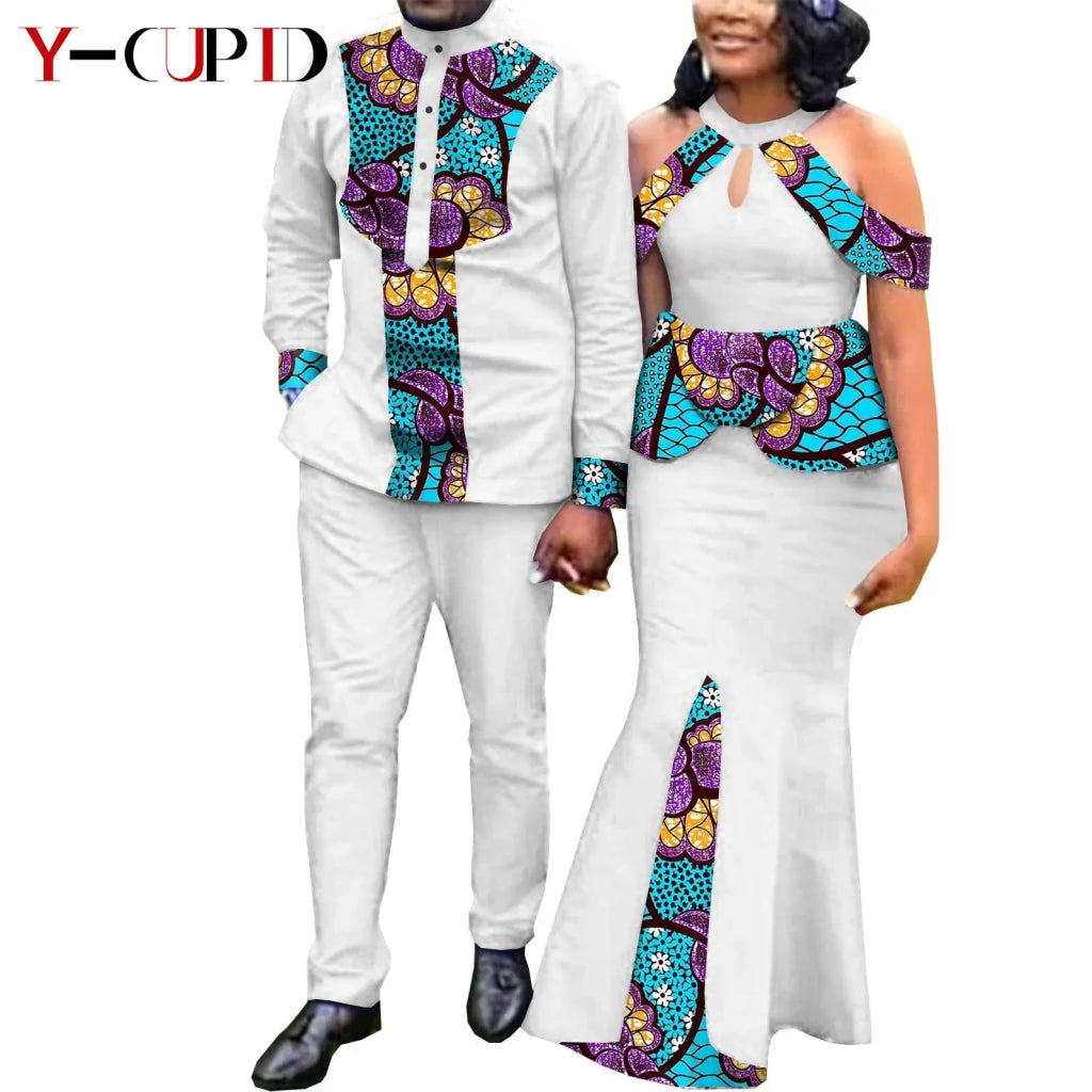 Buy Matching Bazin African Couple Attire – Women’s Mermaid Dress & Men’s Shirt Pant Set for only $67.83 at Flexi Africa!