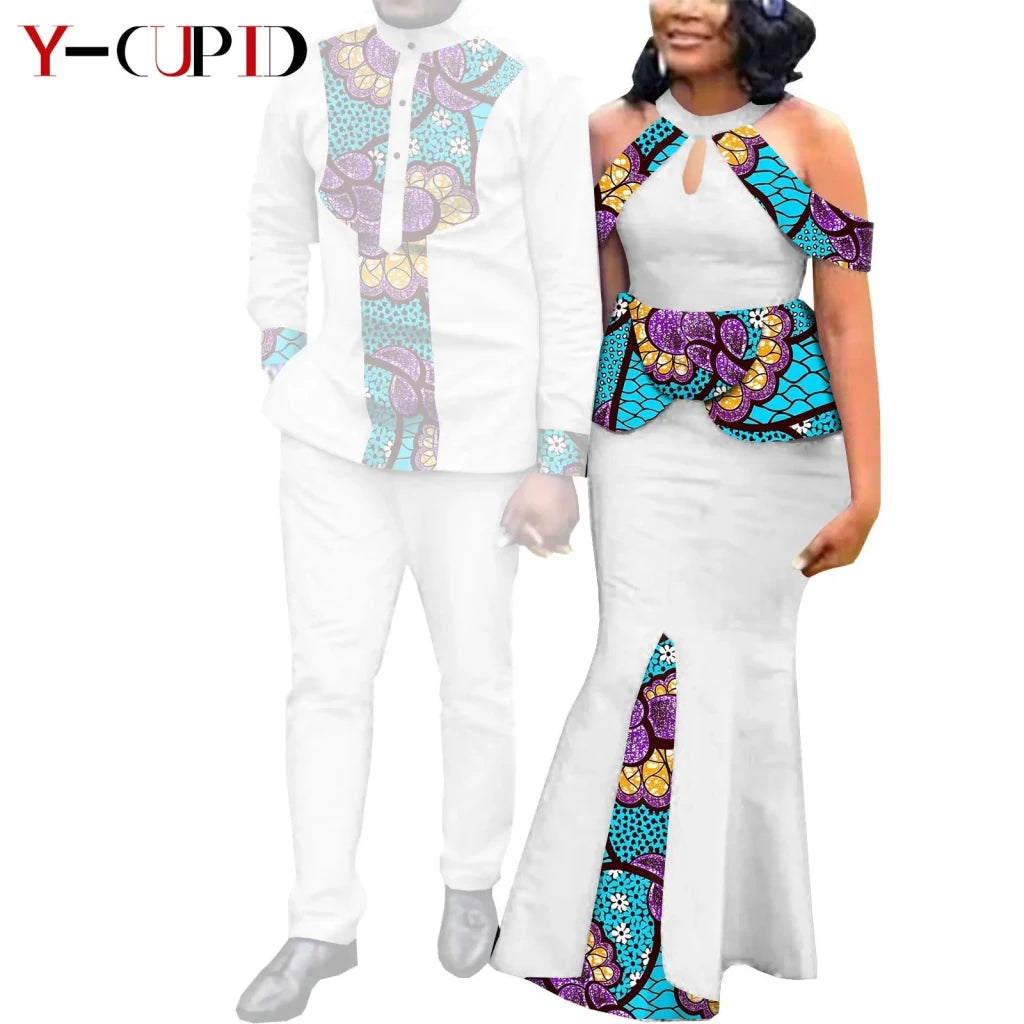 Buy Matching Bazin African Couple Attire – Women’s Mermaid Dress & Men’s Shirt Pant Set for only $67.83 at Flexi Africa!