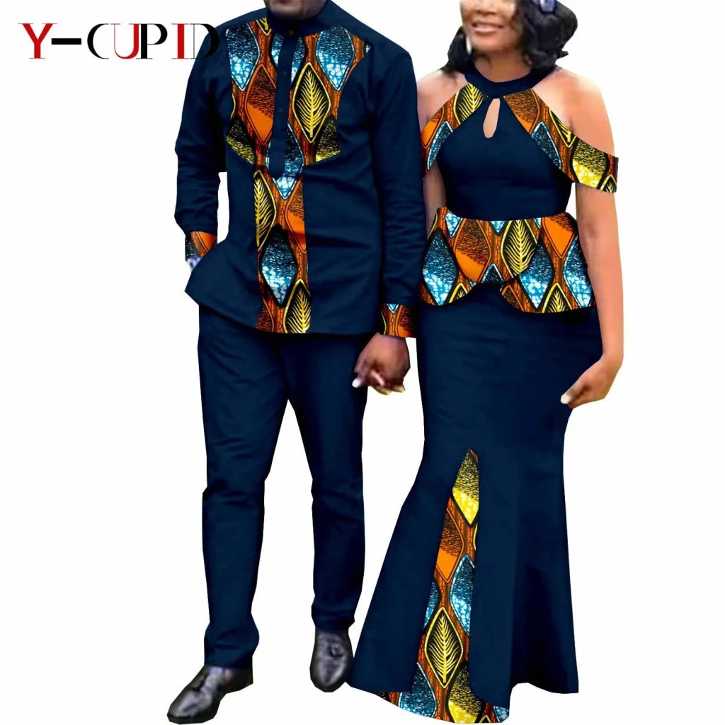 Buy Matching Bazin African Couple Attire – Women’s Mermaid Dress & Men’s Shirt Pant Set for only $67.83 at Flexi Africa!