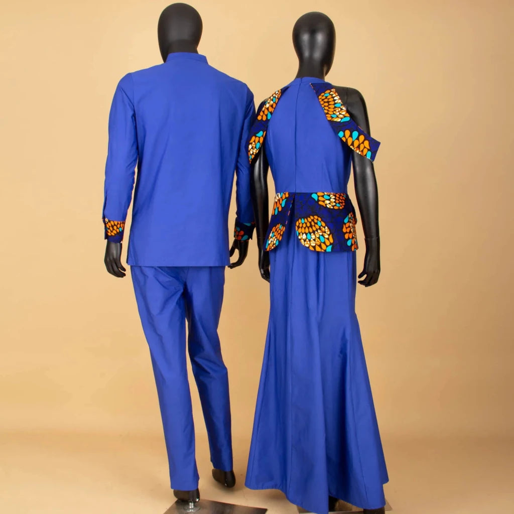 Buy Matching Bazin African Couple Attire – Women’s Mermaid Dress & Men’s Shirt Pant Set for only $67.83 at Flexi Africa!