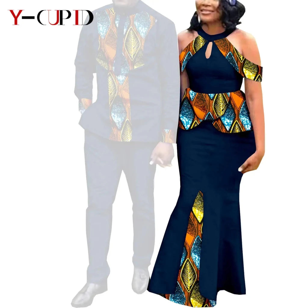 Buy Matching Bazin African Couple Attire – Women’s Mermaid Dress & Men’s Shirt Pant Set for only $67.83 at Flexi Africa!