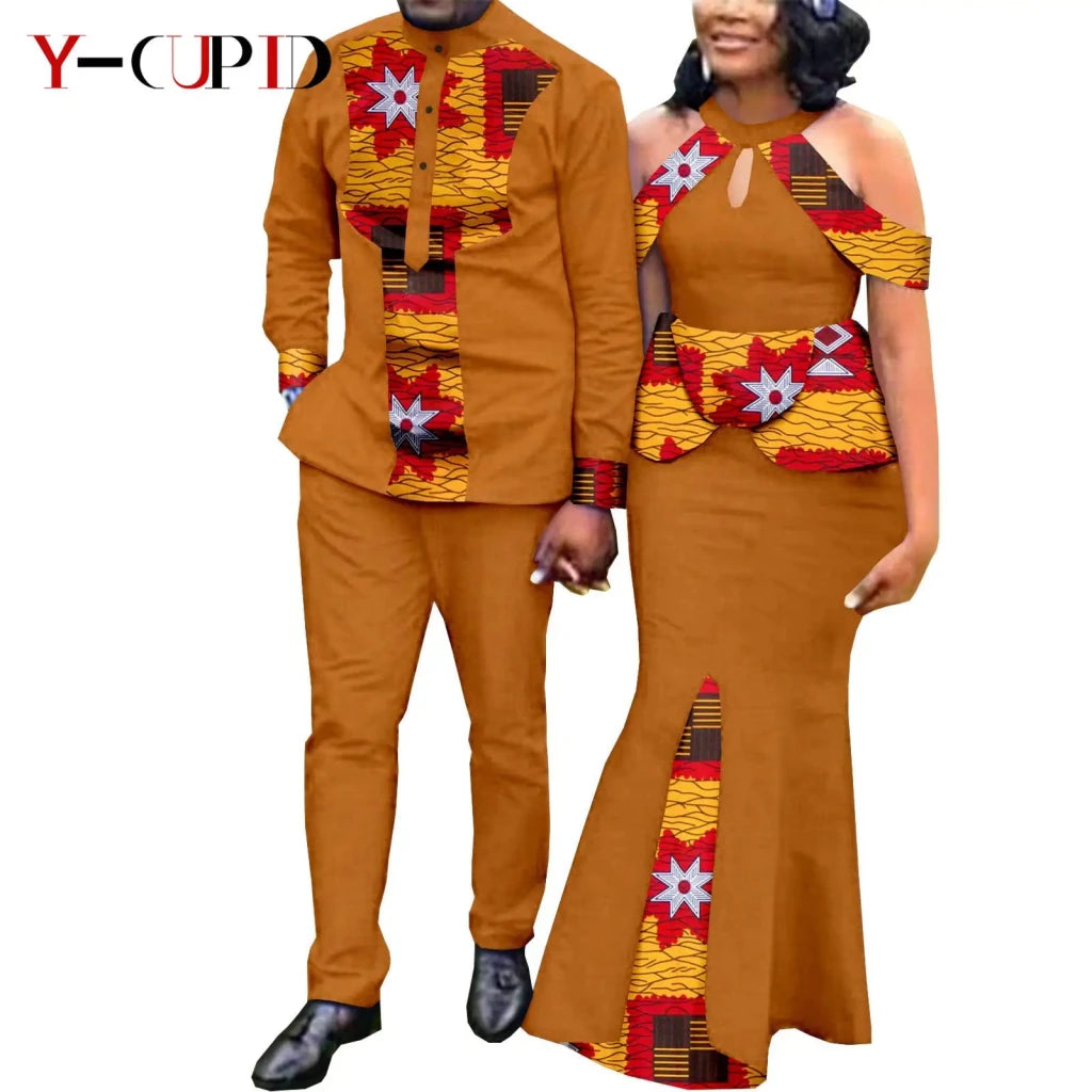 Buy Matching Bazin African Couple Attire – Women’s Mermaid Dress & Men’s Shirt Pant Set for only $67.83 at Flexi Africa!