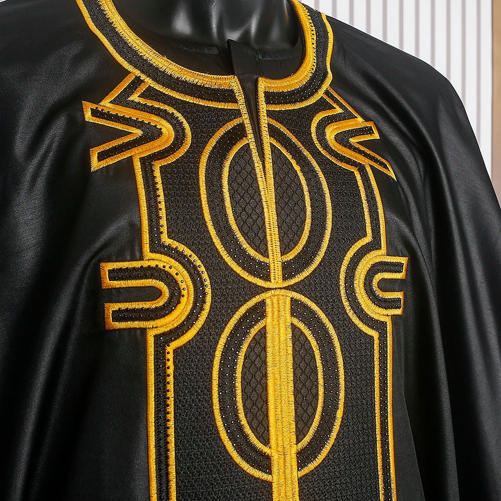 Men’s African Traditional 3PC Embroidered Set – Black & Red Bazin Shirt, Pants, and Robe - Free Delivery Worldwide only at Flexi Africa